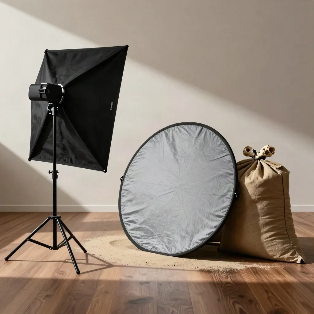 Lighting setup tools around a stand base with a precise shadow line in a studio set.