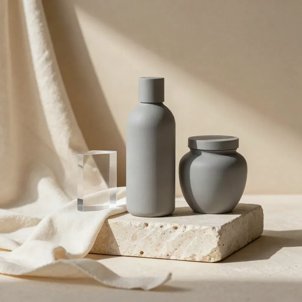 Beauty bottle and jar on a stone pedestal with linen and acrylic shadows in soft daylight.