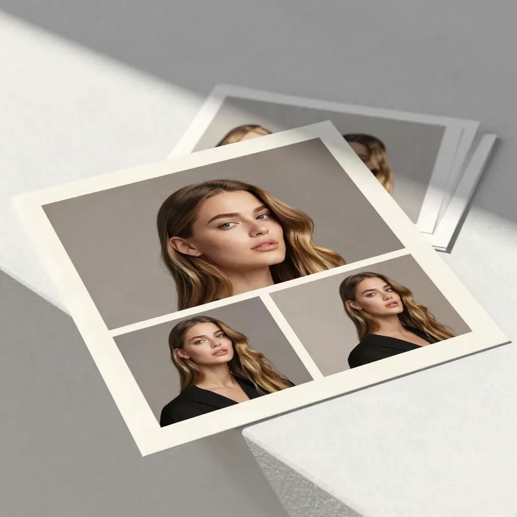 Staggered matte campaign prints on a pale plaster ledge with charcoal accents.