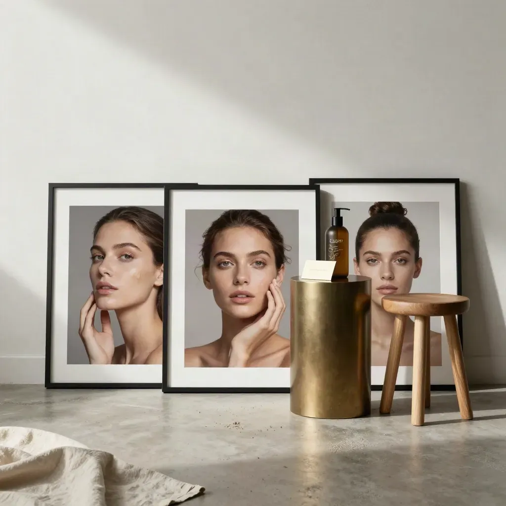 Low-angle studio set with framed hero prints, product pedestal, and an empty matte stool.
